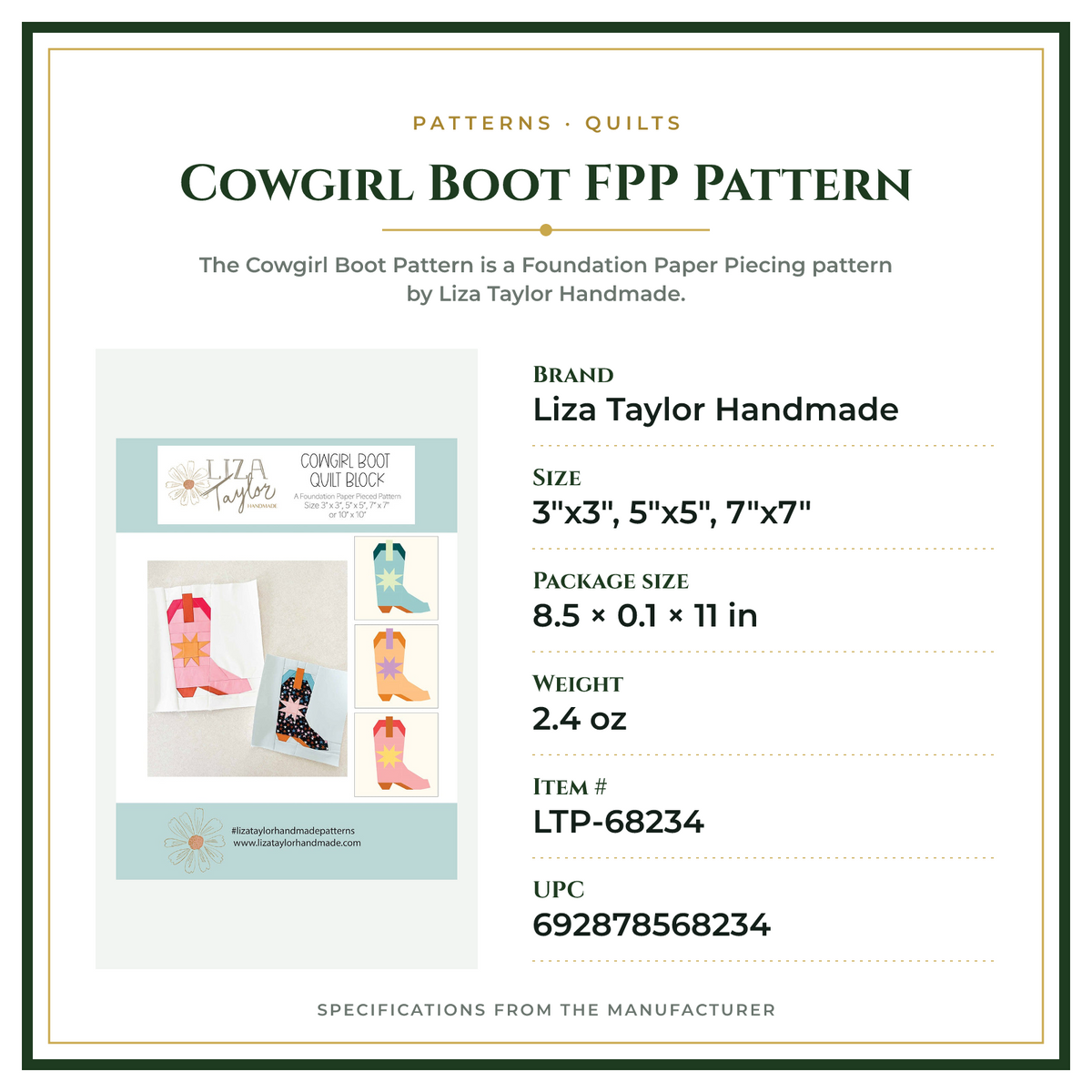Product Specifications – Cowgirl Boot FPP Pattern