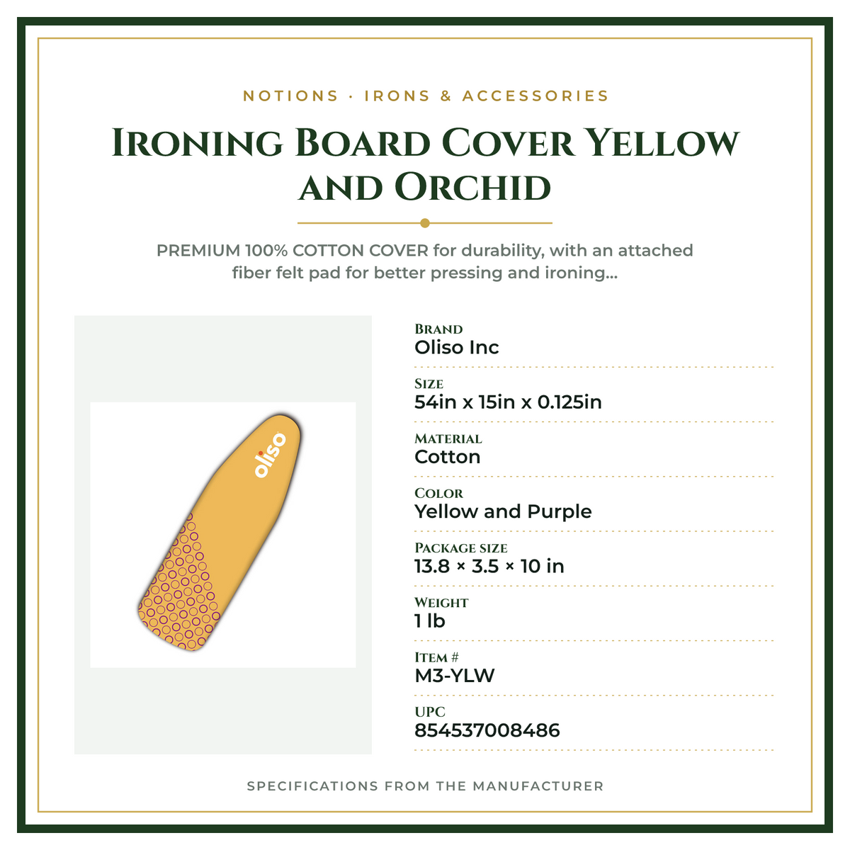 Product Specifications – Ironing Board Cover Yellow and Orchid
