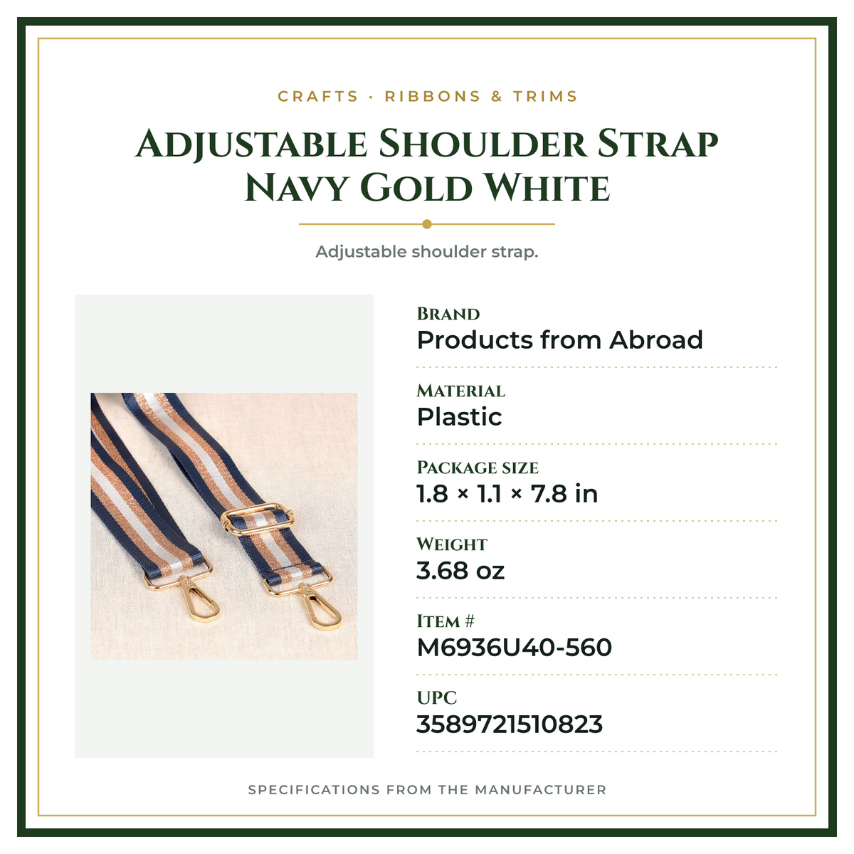 Product Specifications – Adjustable Shoulder Strap Navy Gold White