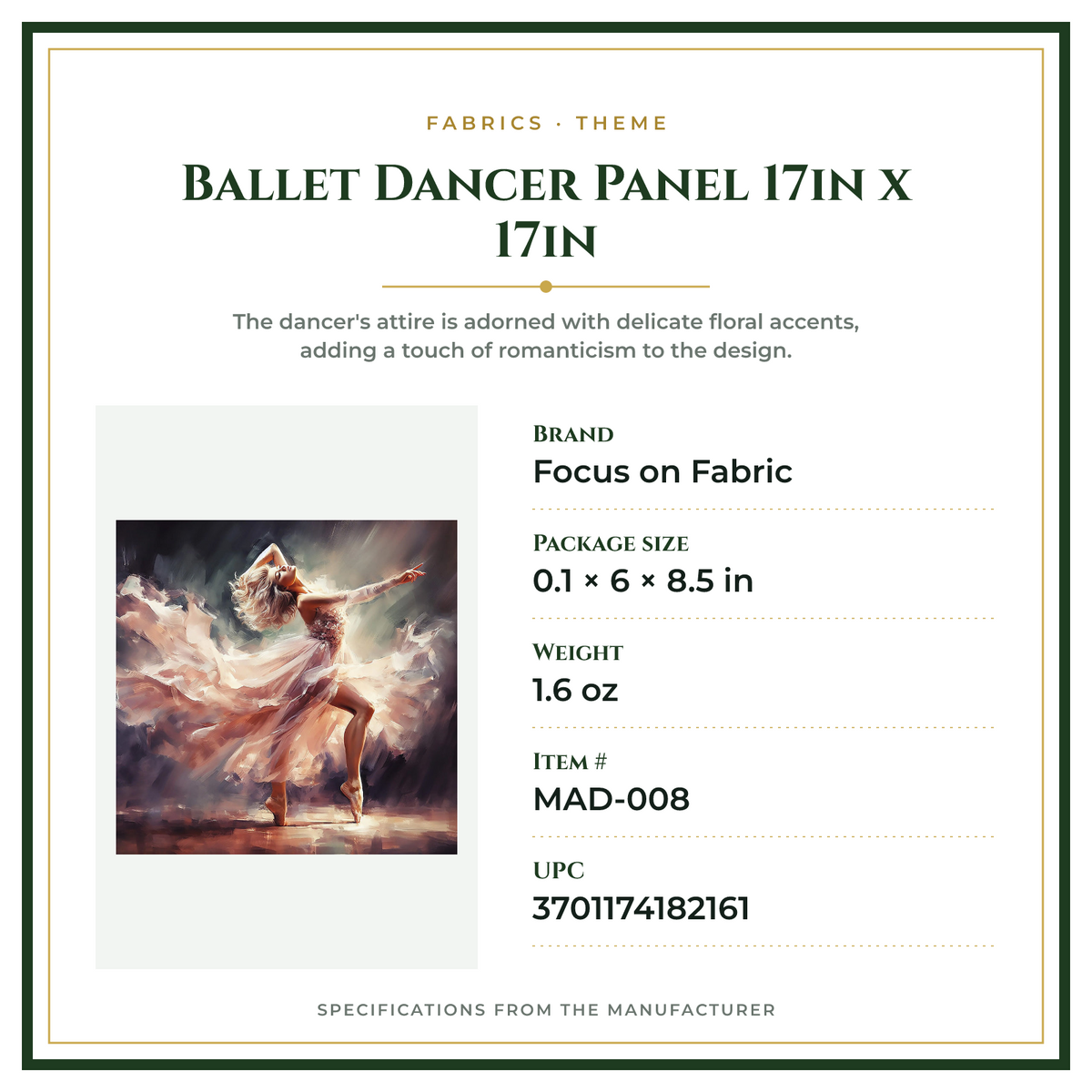 Product Specifications – Ballet Dancer Panel 17in x 17in
