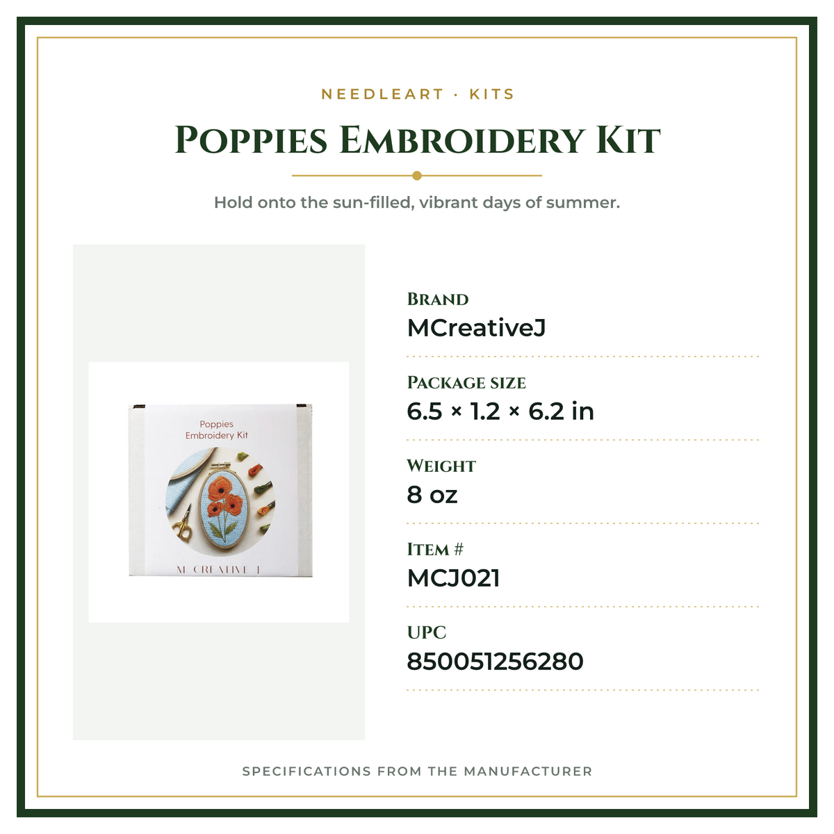Product Specifications – Poppies Embroidery Kit