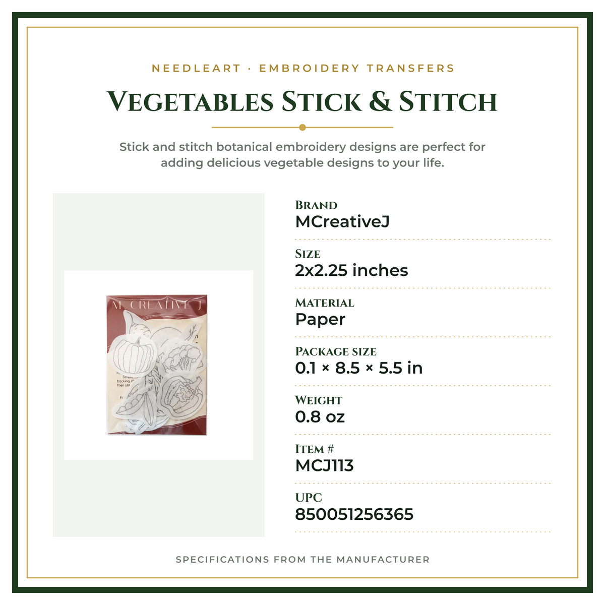 Product Specifications – Vegetables Stick & Stitch