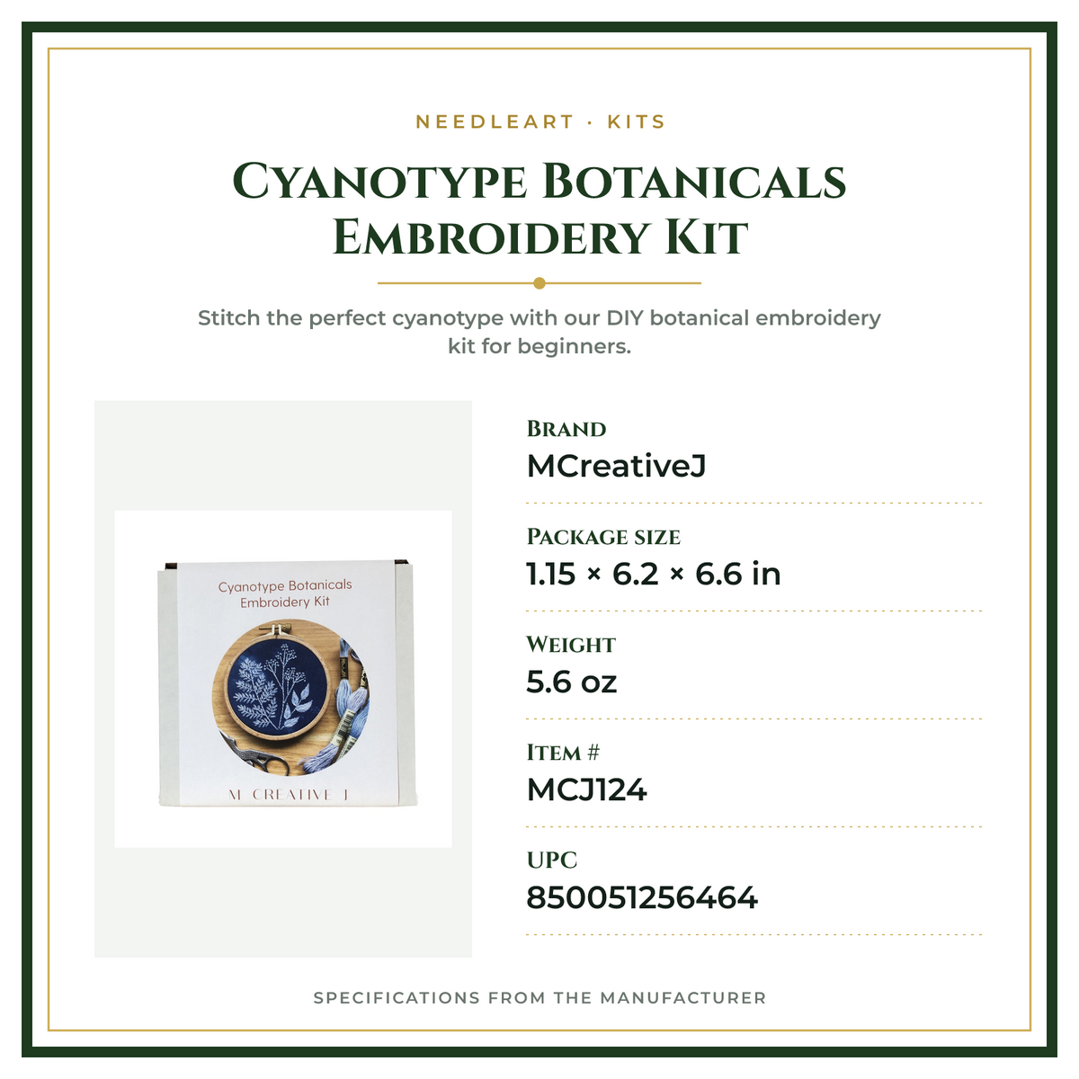 Product Specifications – Cyanotype Botanicals Embroidery Kit