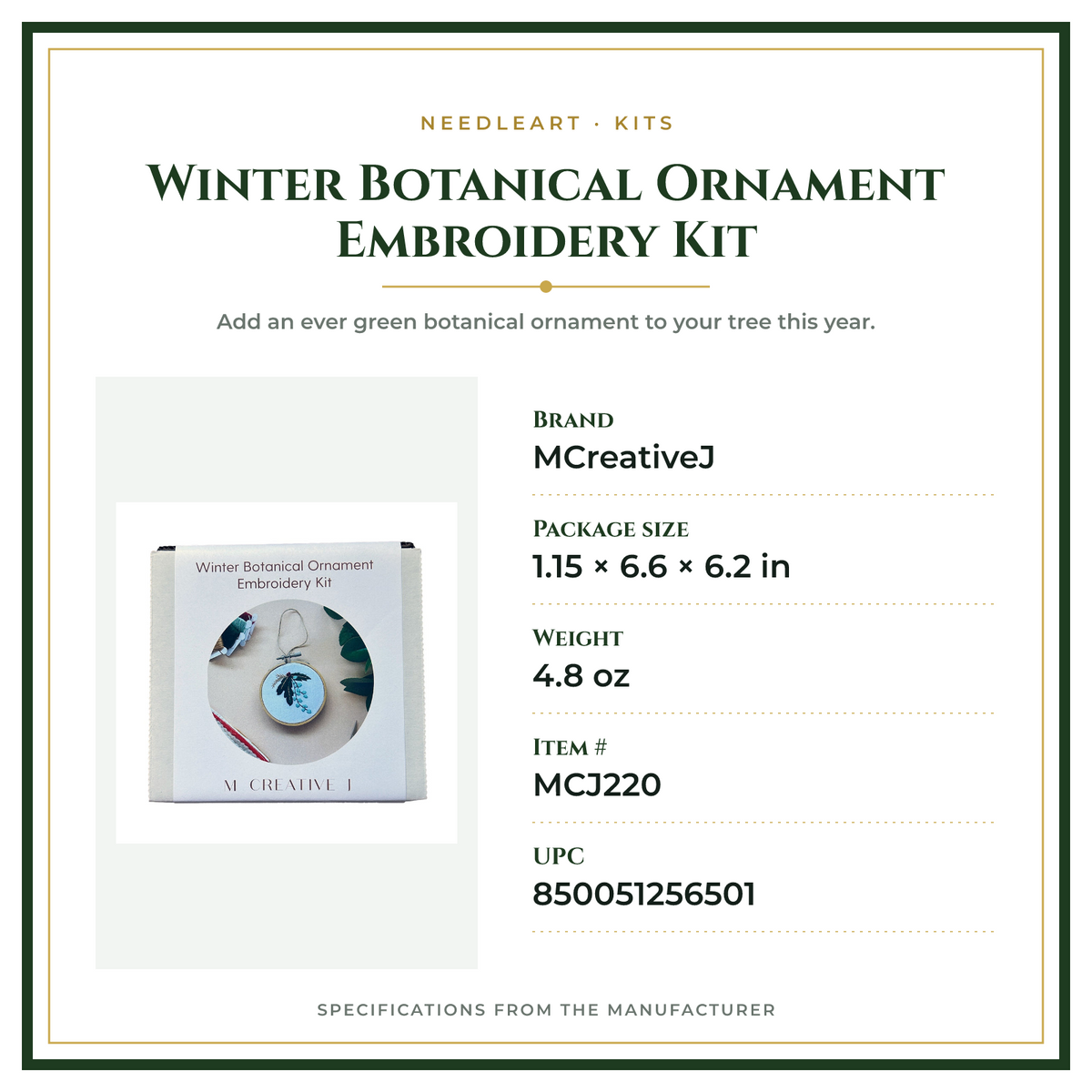 Product Specifications – Winter Botanical Ornament Embroidery Kit