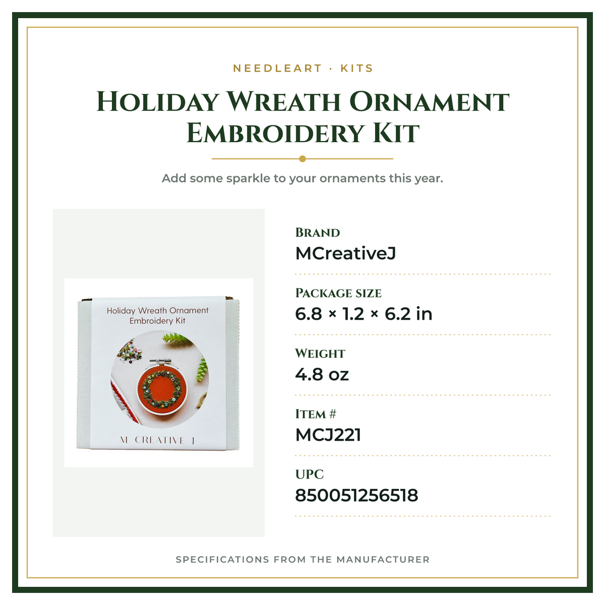 Product Specifications – Holiday Wreath Ornament Embroidery Kit