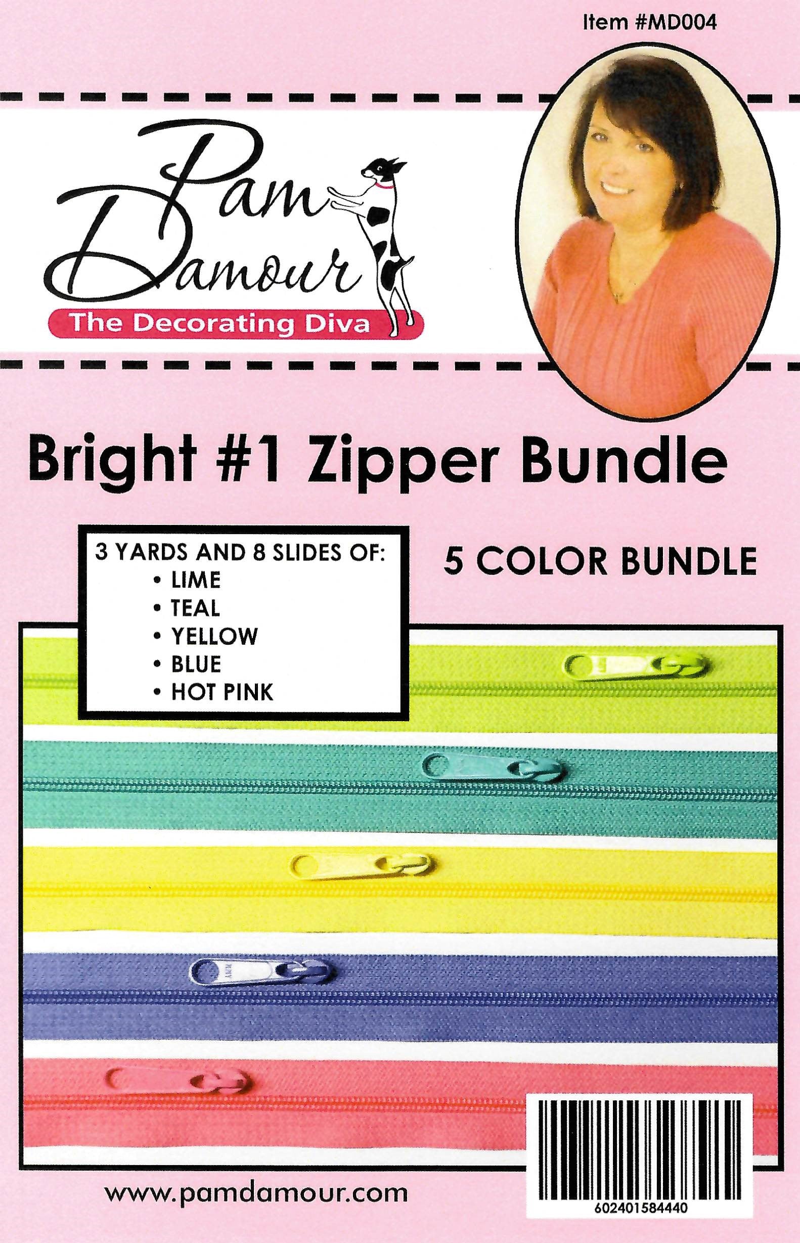 Bright 5 colors, 3 yards of Reversible Coil Zipper Tape with 8 Slides