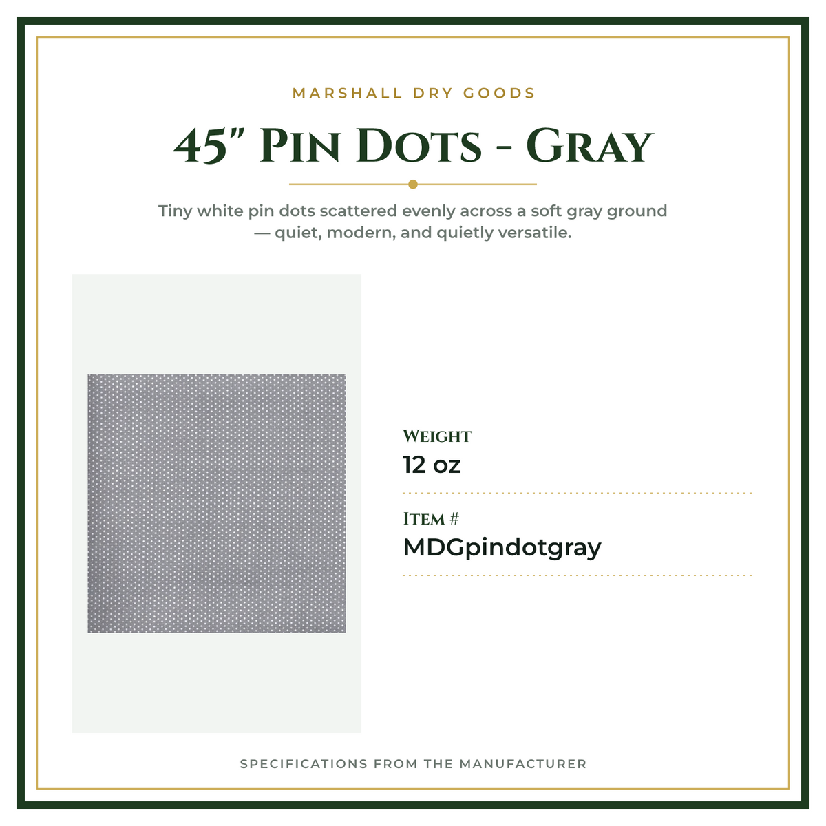 Product Specifications – 45" Pin Dots - Gray