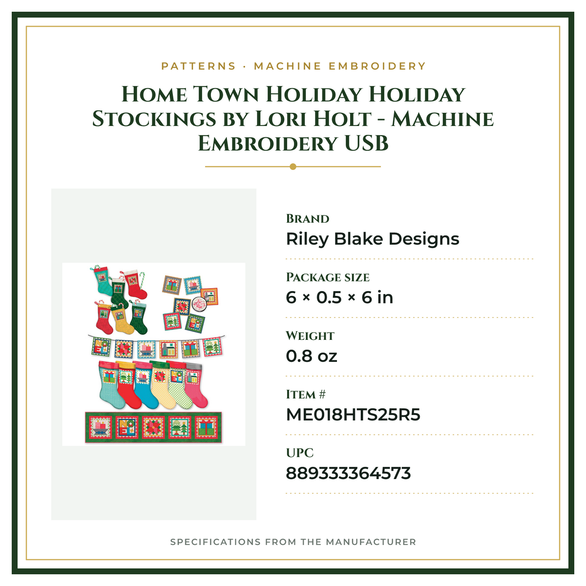 Product Specifications – Home Town Holiday Holiday Stockings by Lori Holt - Machine Embroidery USB