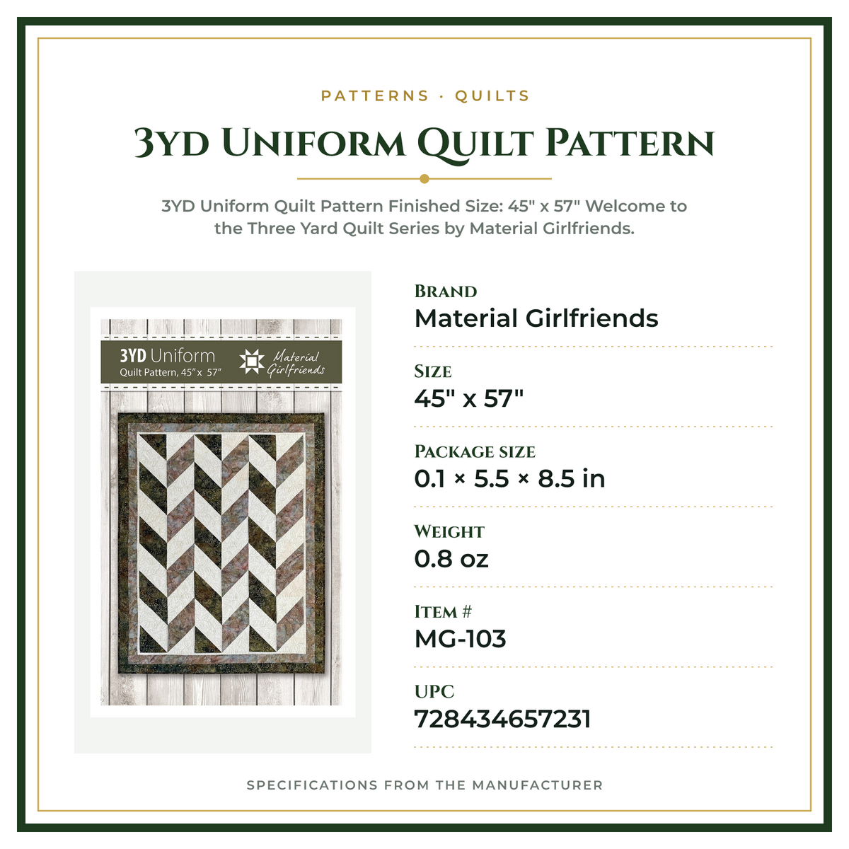 Product Specifications – 3yd Uniform Quilt Pattern