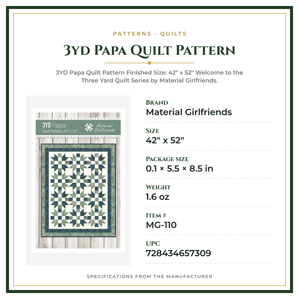 Product Specifications – 3yd Papa Quilt Pattern