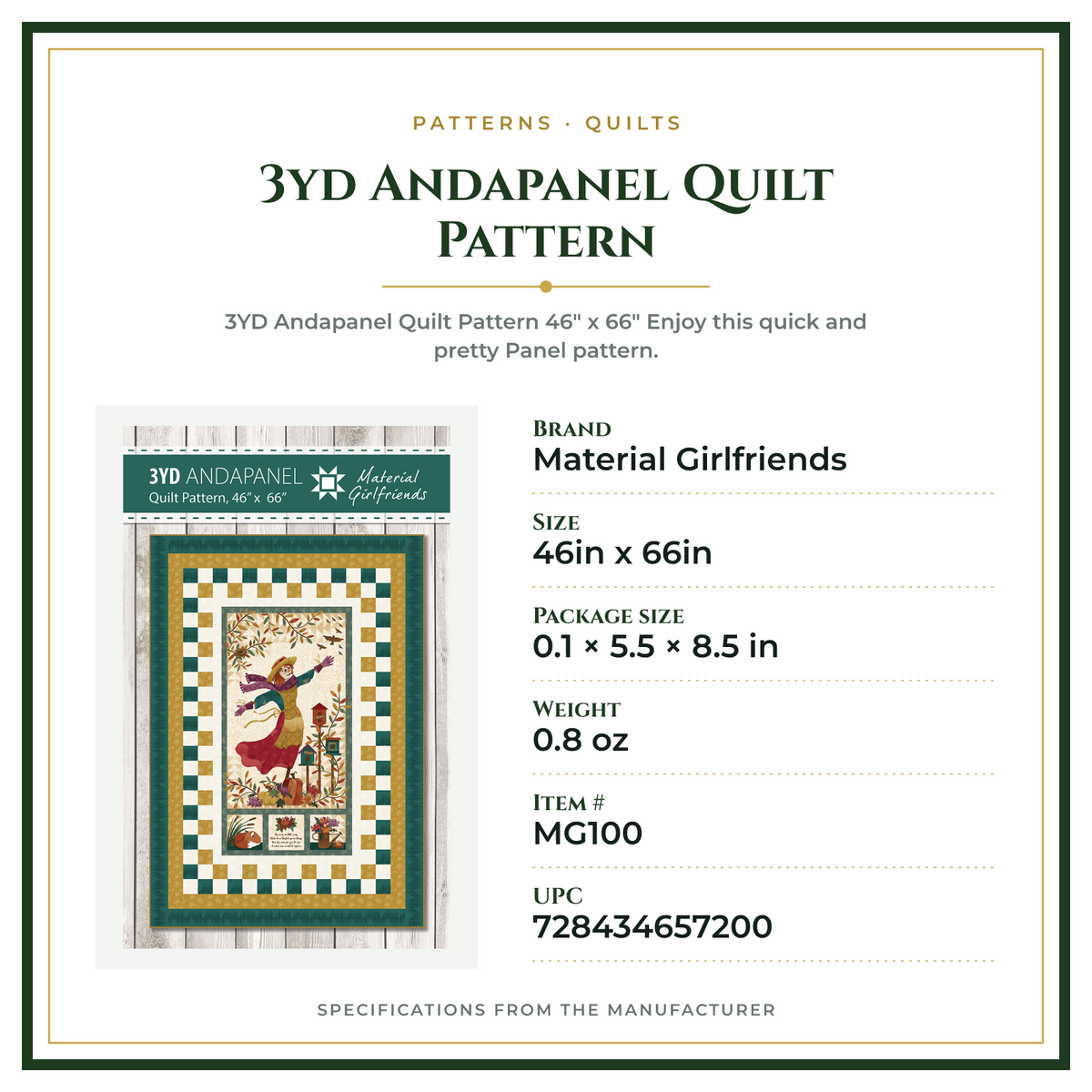 Product Specifications – 3yd Andapanel Quilt Pattern