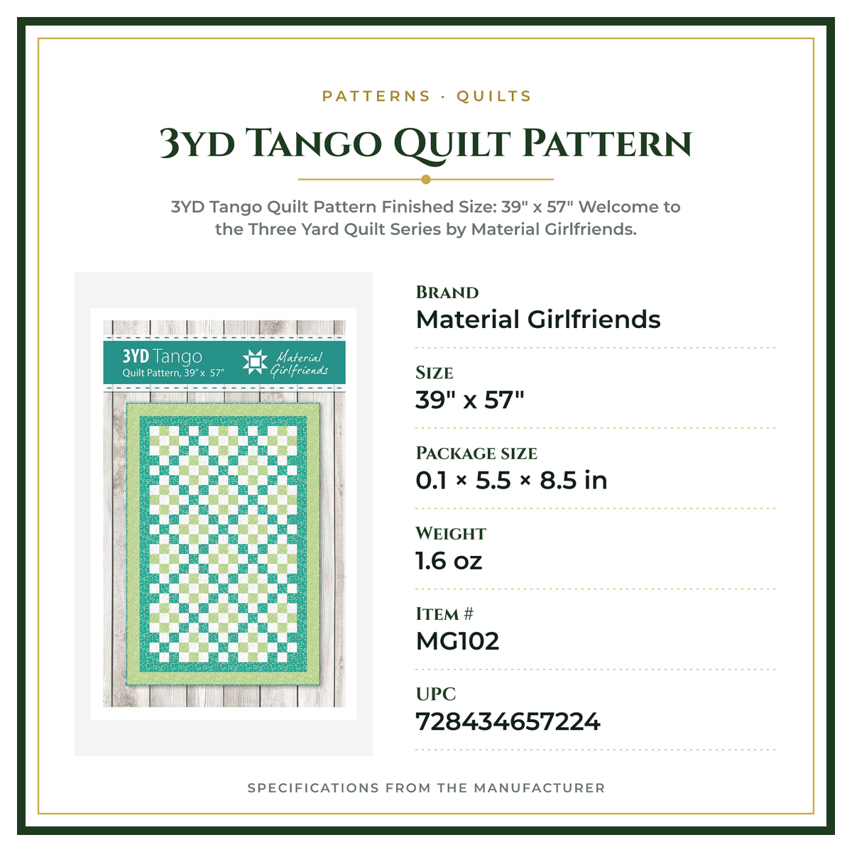 Product Specifications – 3yd Tango Quilt Pattern