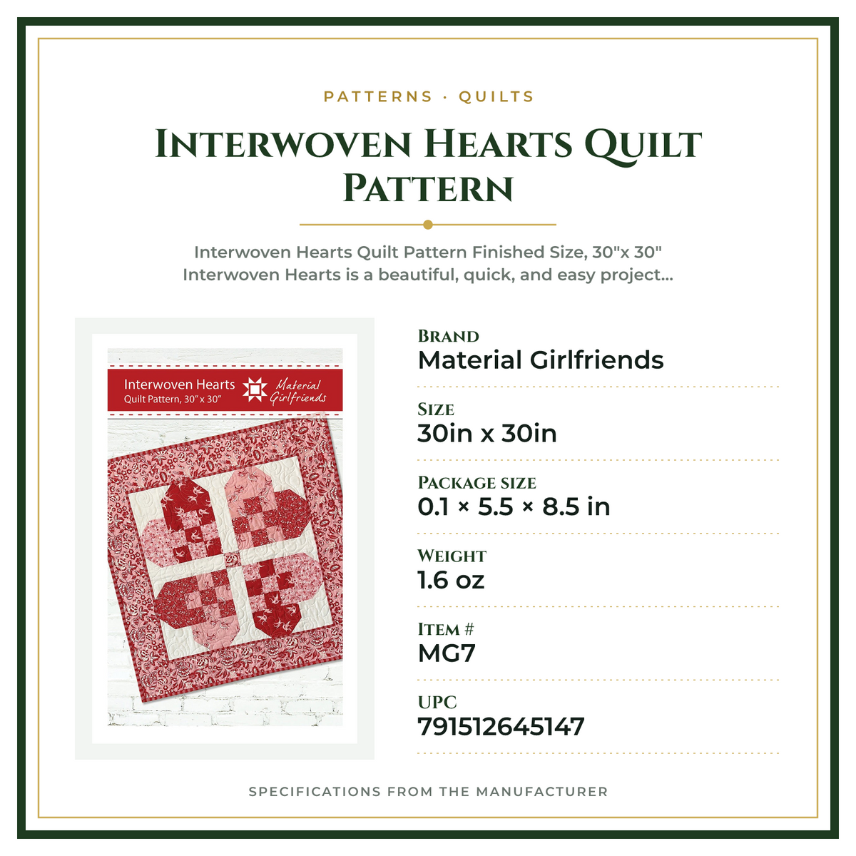 Product Specifications – Interwoven Hearts Quilt Pattern