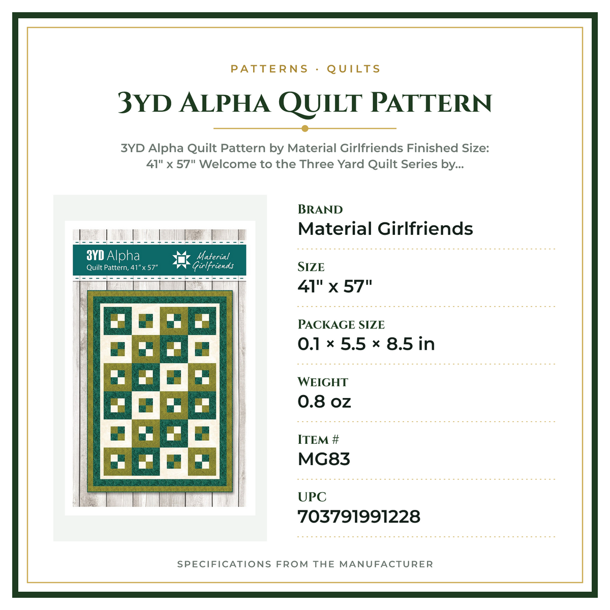 Product Specifications – 3yd Alpha Quilt Pattern