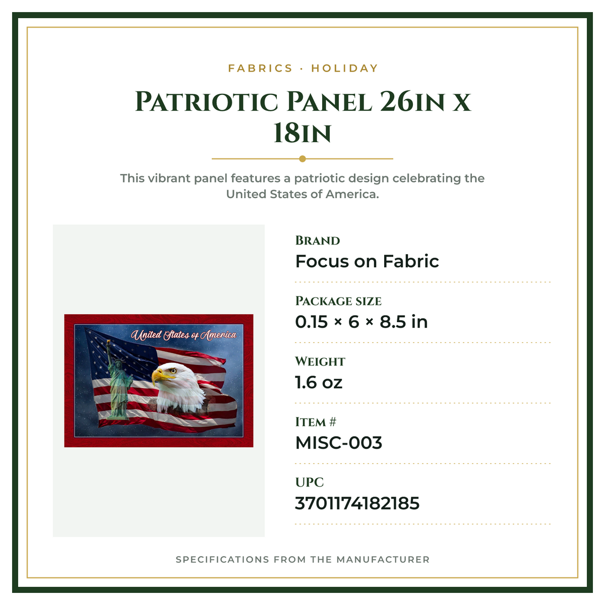 Product Specifications – Patriotic Panel 26in x 18in