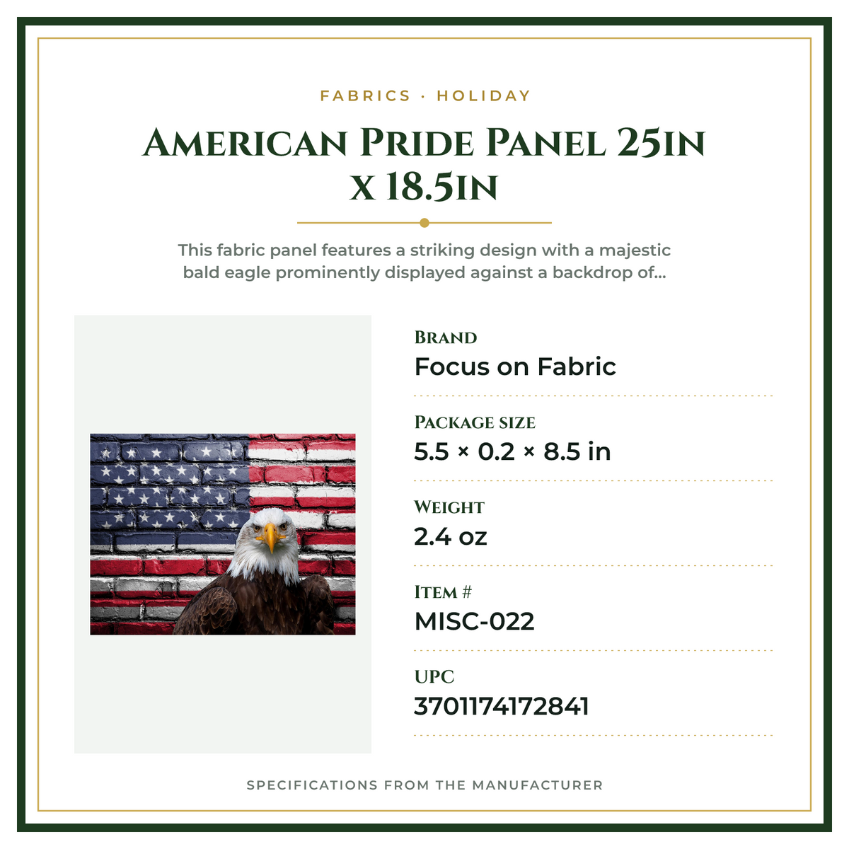 Product Specifications – American Pride Panel 25in x 18.5in