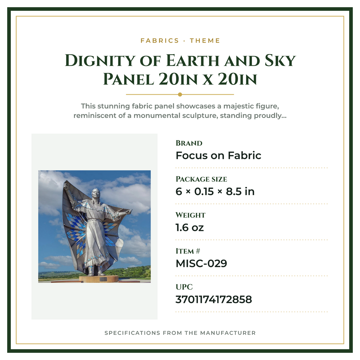 Product Specifications – Dignity of Earth and Sky Panel 20in x 20in