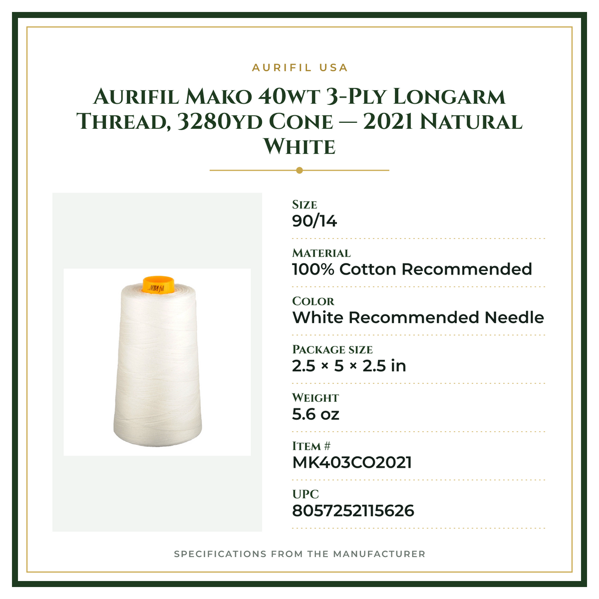 Product Specifications – Aurifil Mako 40wt 3-Ply Longarm Thread, 3280yd Cone — 2021 Natural White