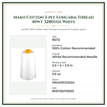 Product Specifications – Mako Cotton 3-ply Longarm Thread 40wt 3280yds White
