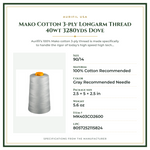 Product Specifications – Mako Cotton 3-ply Longarm Thread 40wt 3280yds Dove