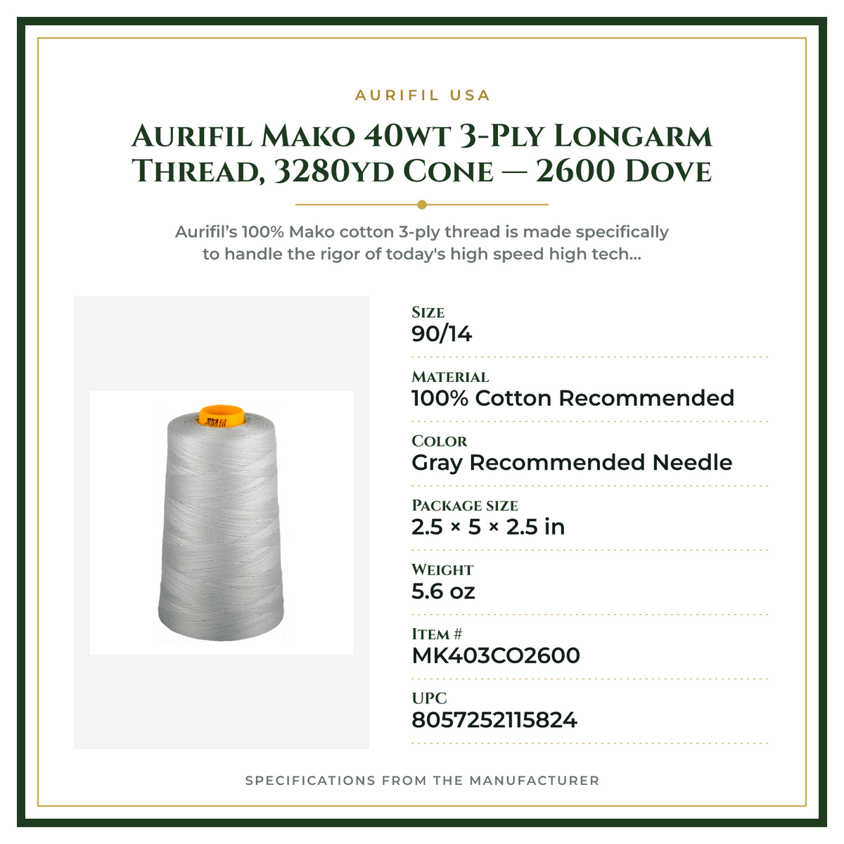Product Specifications – Aurifil Mako 40wt 3-Ply Longarm Thread, 3280yd Cone — 2600 Dove