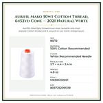 Product Specifications – Aurifil Mako 50wt Cotton Thread, 6452yd Cone — 2021 Natural White