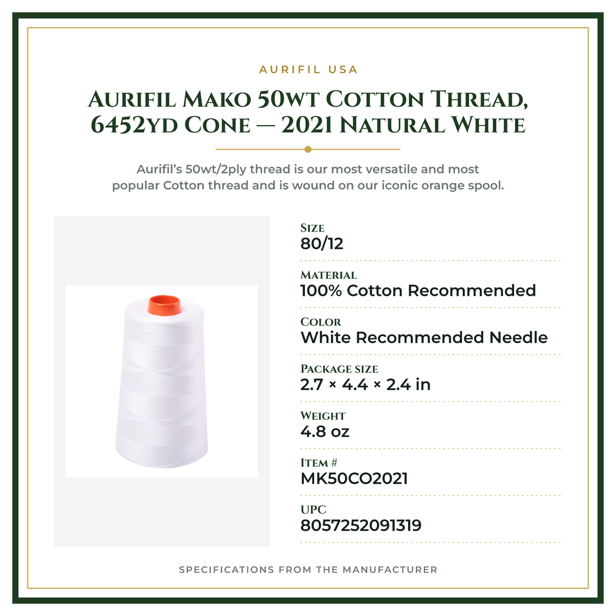 Product Specifications – Aurifil Mako 50wt Cotton Thread, 6452yd Cone — 2021 Natural White