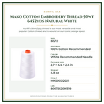 Product Specifications – Mako Cotton Embroidery Thread 50wt 6452yds Natural White
