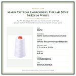 Product Specifications – Mako Cotton Embroidery Thread 50wt 6452yds White