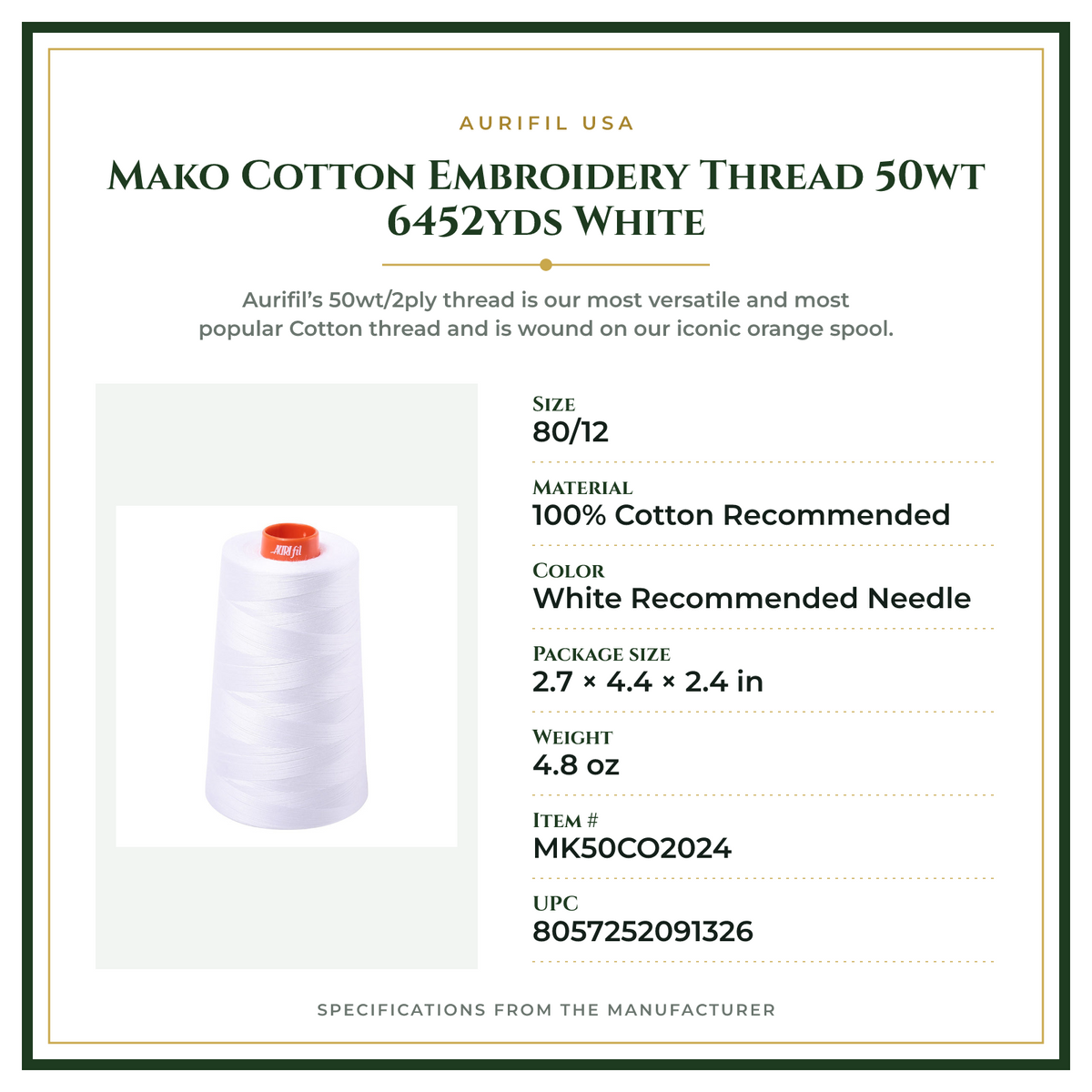 Product Specifications – Mako Cotton Embroidery Thread 50wt 6452yds White