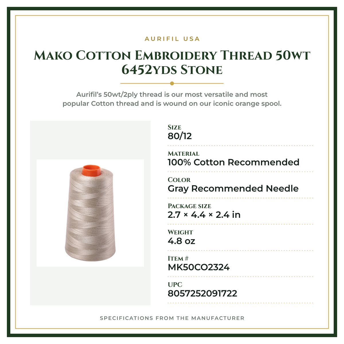 Product Specifications – Mako Cotton Embroidery Thread 50wt 6452yds Stone