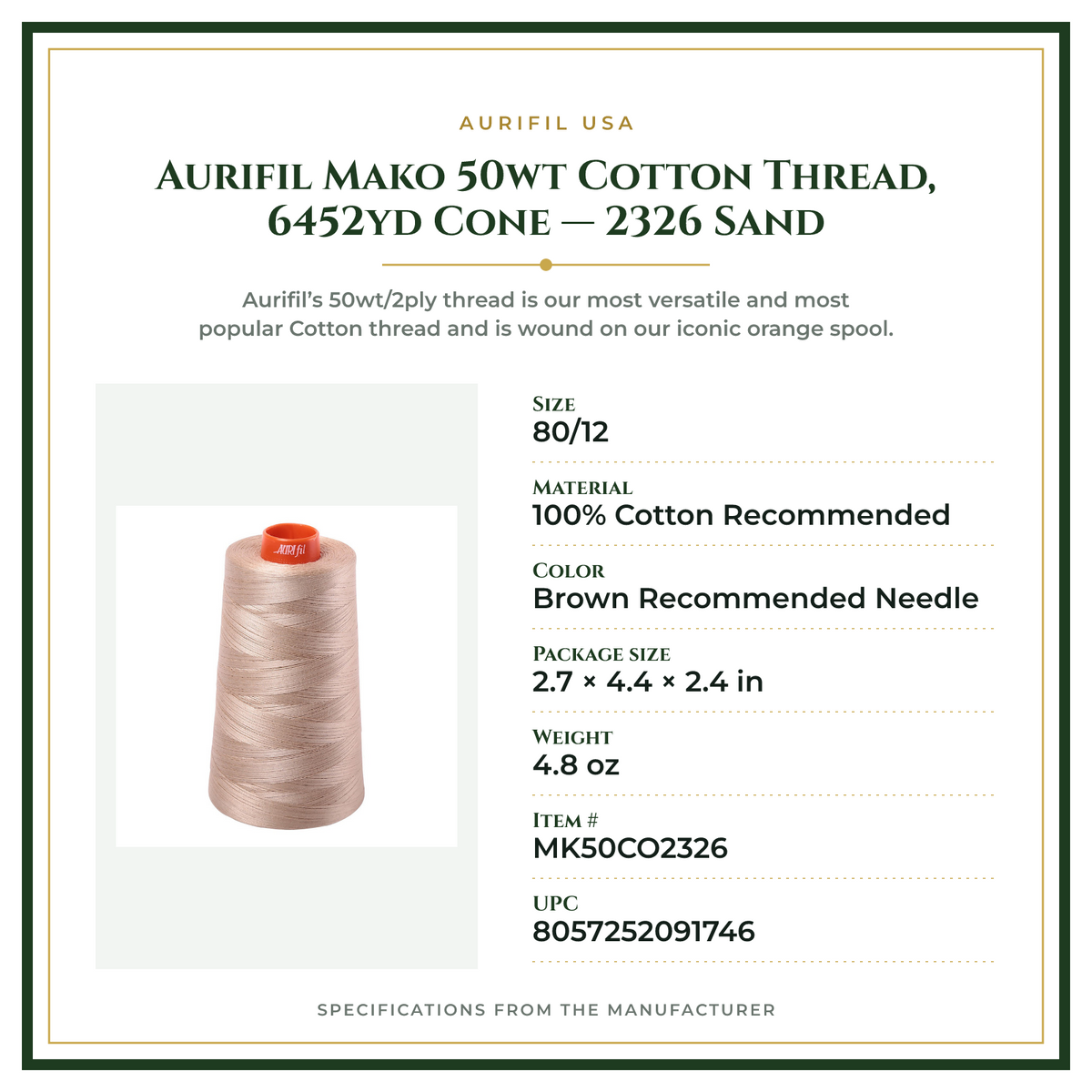 Product Specifications – Aurifil Mako 50wt Cotton Thread, 6452yd Cone — 2326 Sand