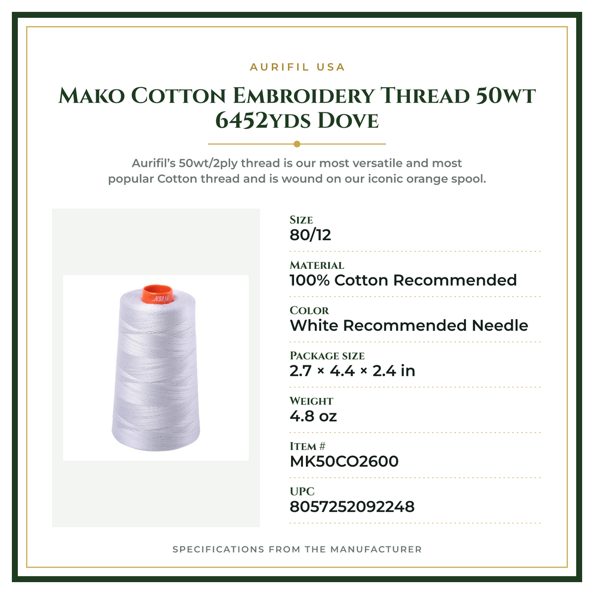 Product Specifications – Mako Cotton Embroidery Thread 50wt 6452yds Dove