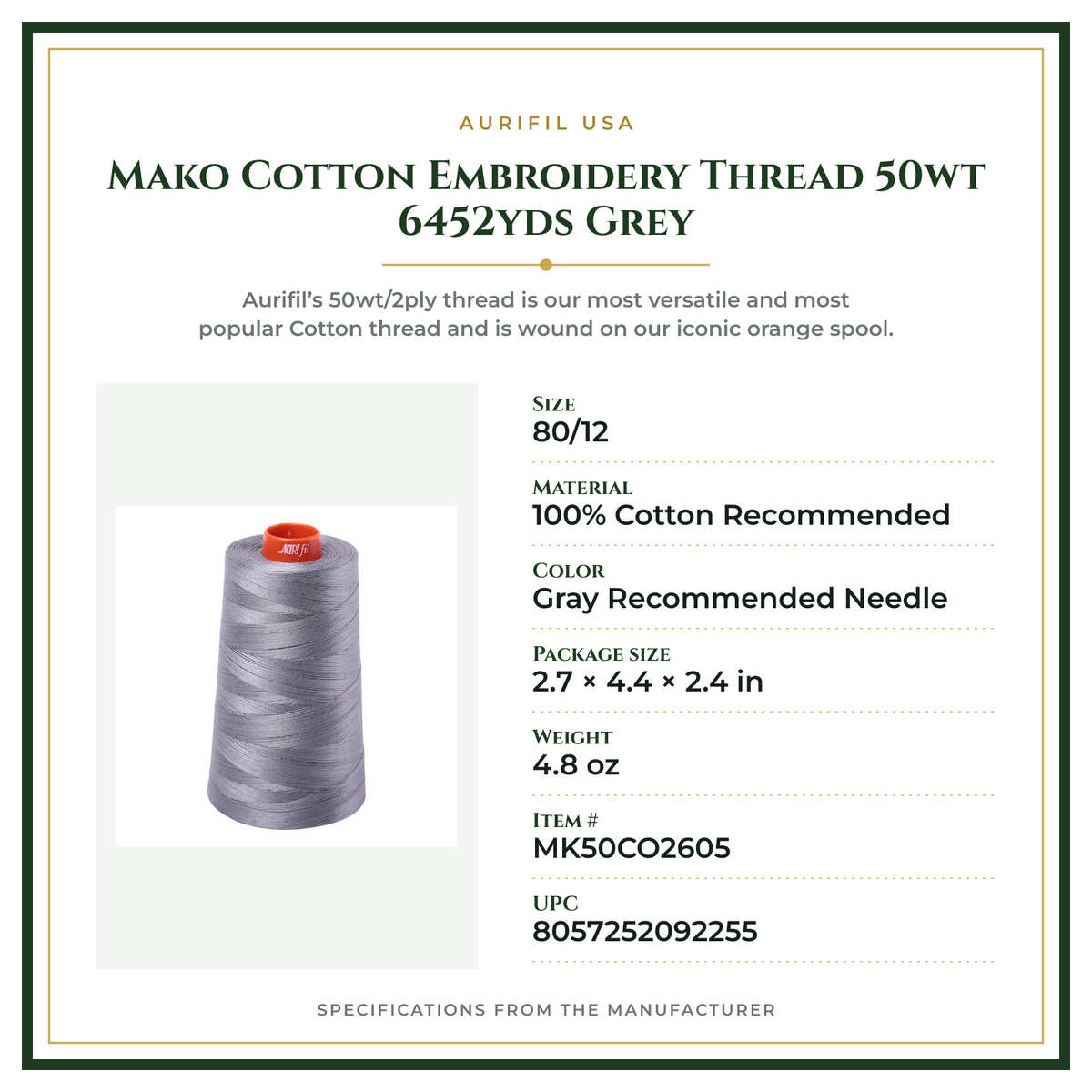 Product Specifications – Mako Cotton Embroidery Thread 50wt 6452yds Grey