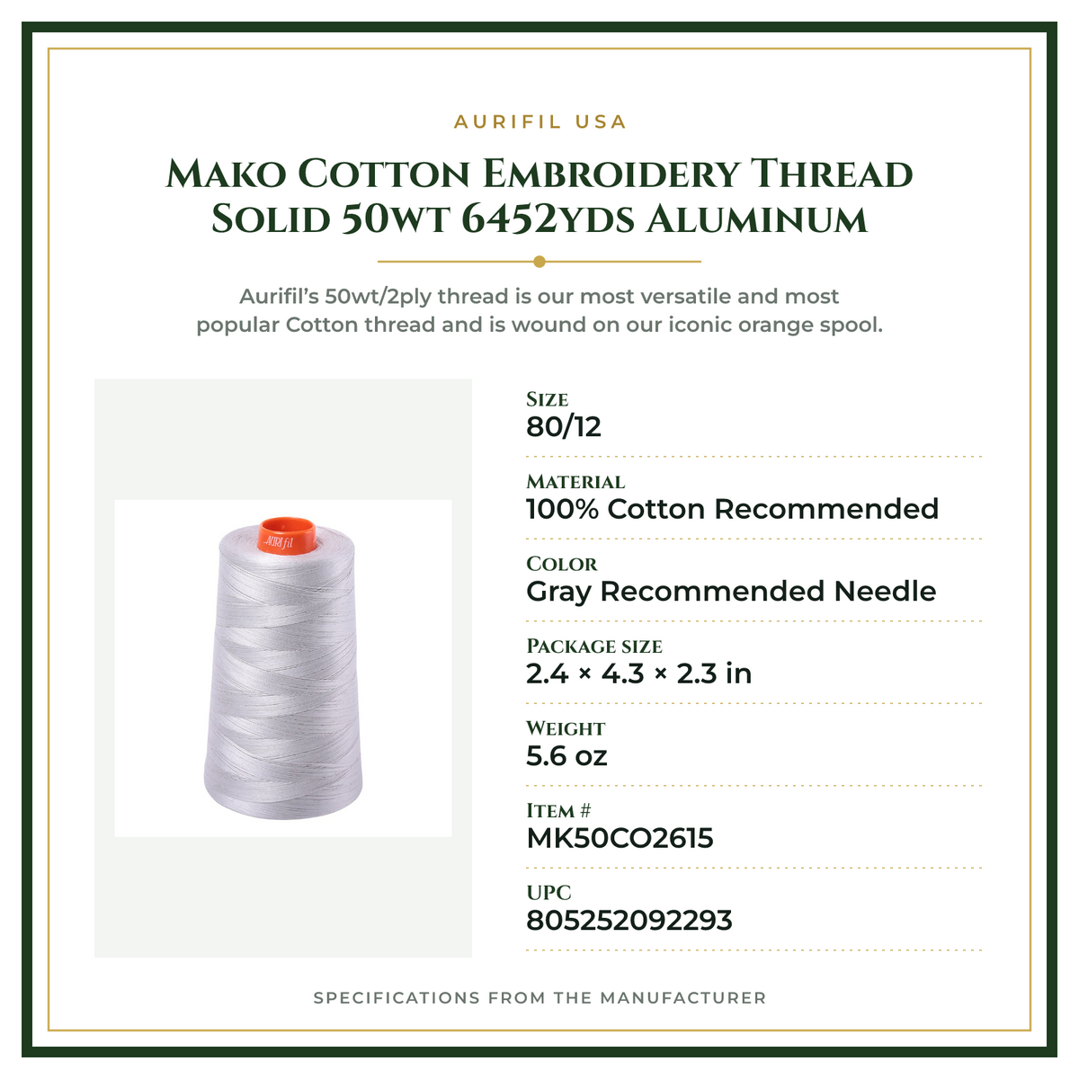 Product Specifications – Mako Cotton Embroidery Thread Solid 50wt 6452yds Aluminum