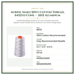 Product Specifications – Aurifil Mako 50wt Cotton Thread, 6452yd Cone — 2615 Aluminum