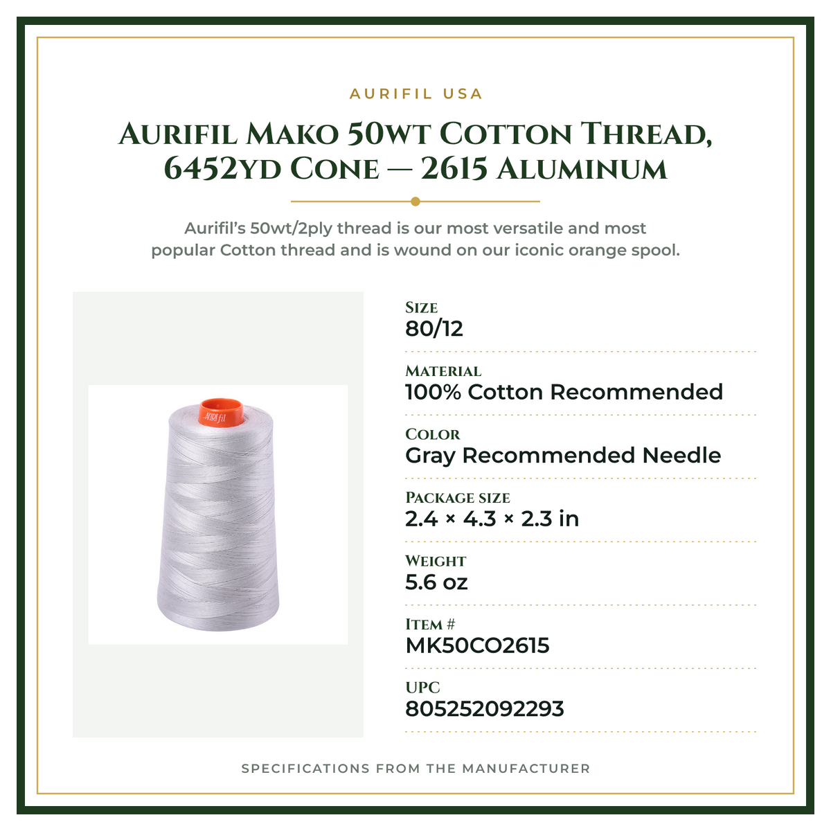 Product Specifications – Aurifil Mako 50wt Cotton Thread, 6452yd Cone — 2615 Aluminum