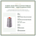 Product Specifications – Aurifil Mako 50wt Cotton Thread, 6452yd Cone — 2620 Stainless Steel