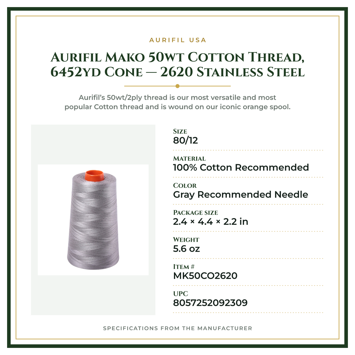 Product Specifications – Aurifil Mako 50wt Cotton Thread, 6452yd Cone — 2620 Stainless Steel