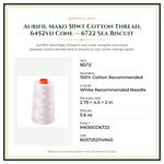 Product Specifications – Aurifil Mako 50wt Cotton Thread, 6452yd Cone — 6722 Sea Biscuit