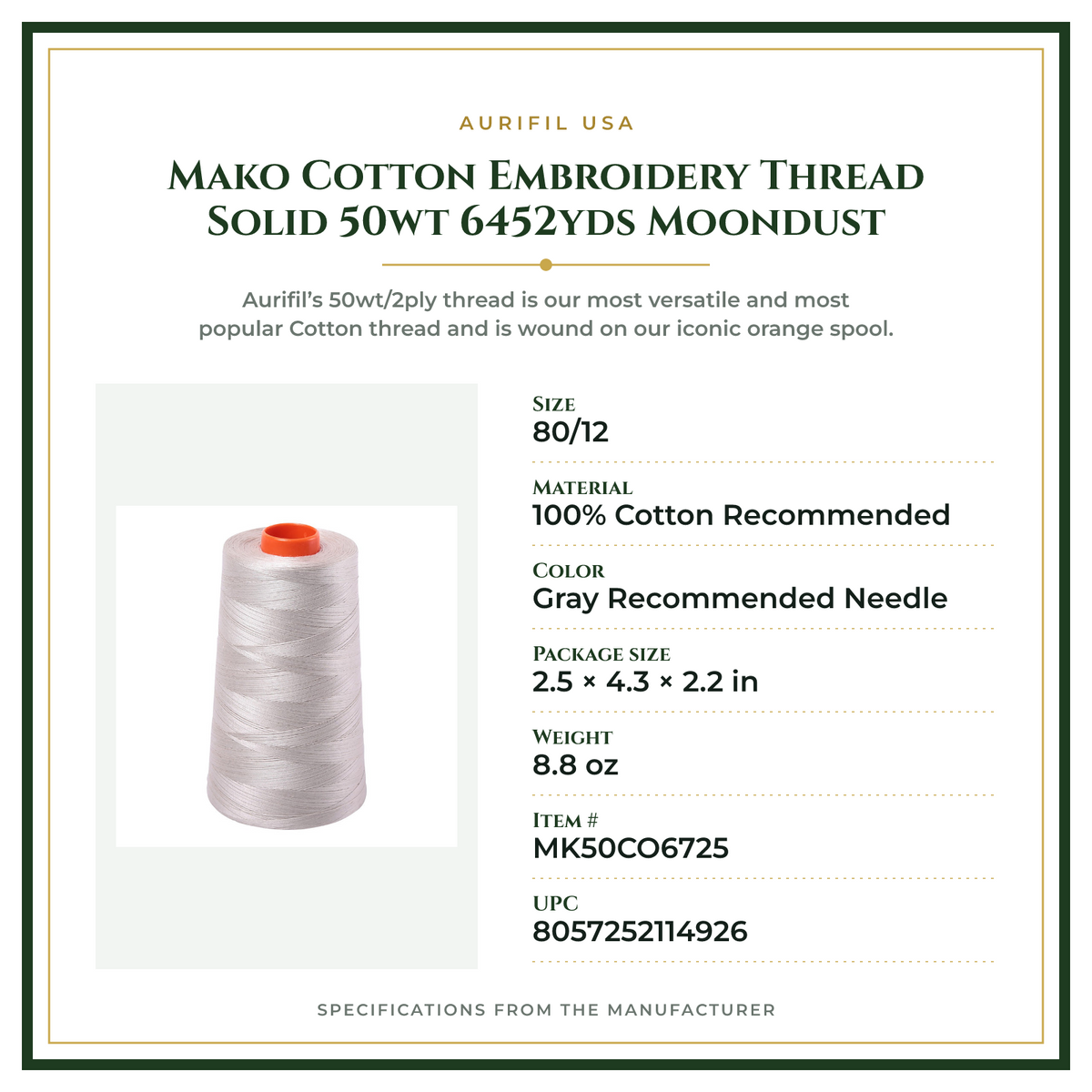 Product Specifications – Mako Cotton Embroidery Thread Solid 50wt 6452yds Moondust