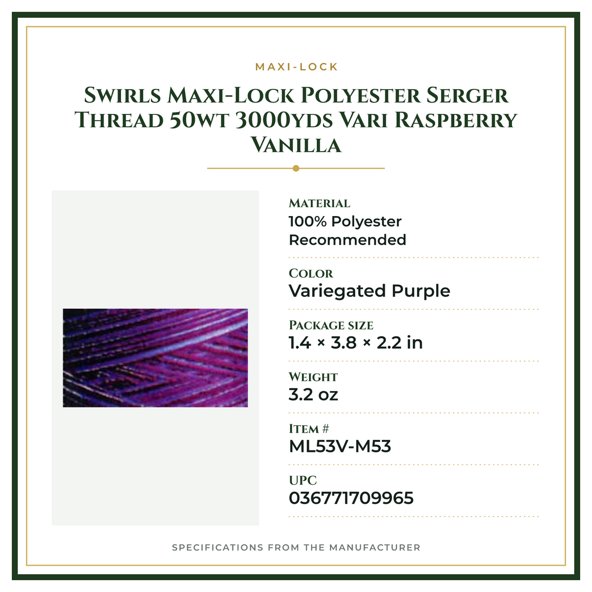 Product Specifications – Swirls Maxi-Lock Polyester Serger Thread 50wt 3000yds Vari Raspberry Vanilla