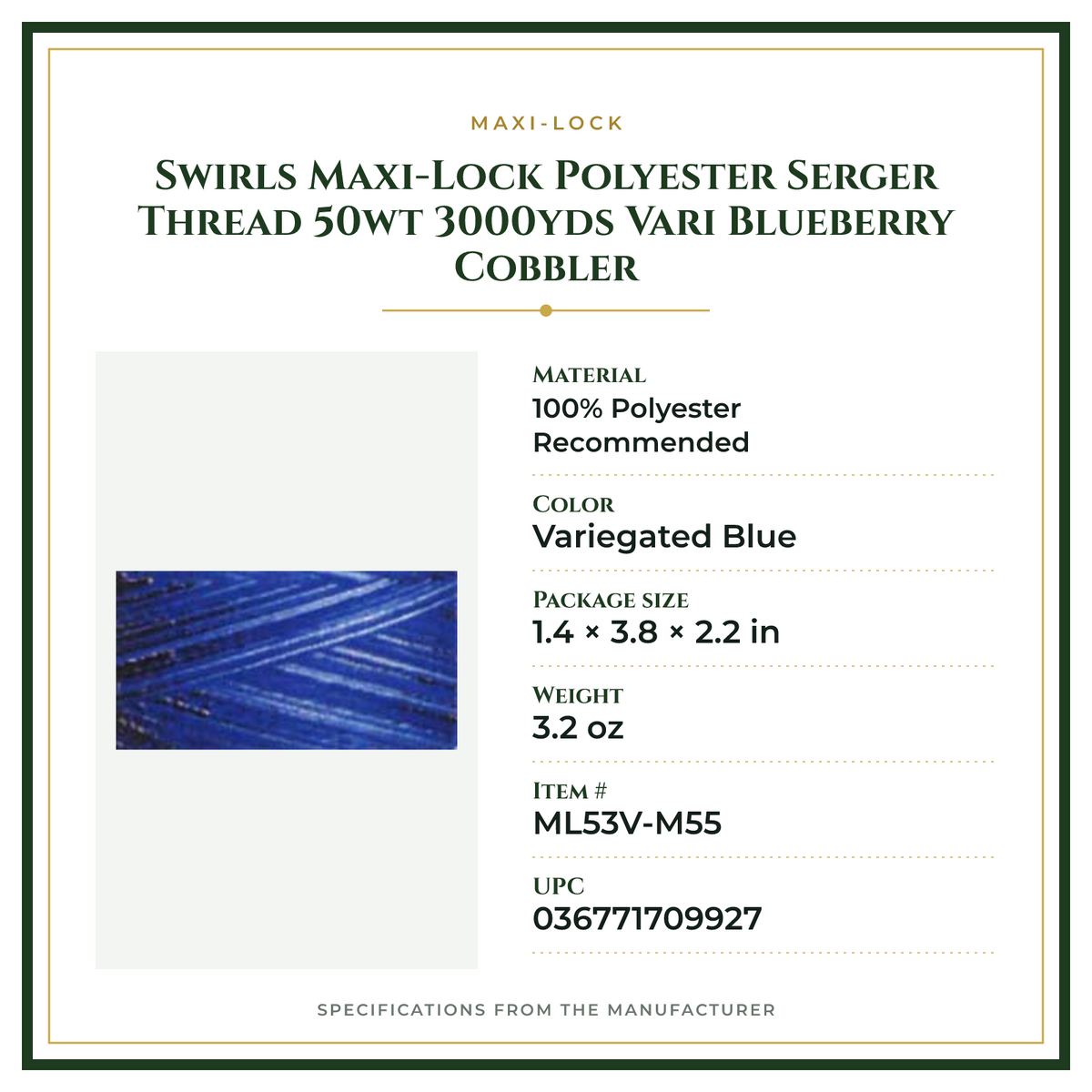 Product Specifications – Swirls Maxi-Lock Polyester Serger Thread 50wt 3000yds Vari Blueberry Cobbler
