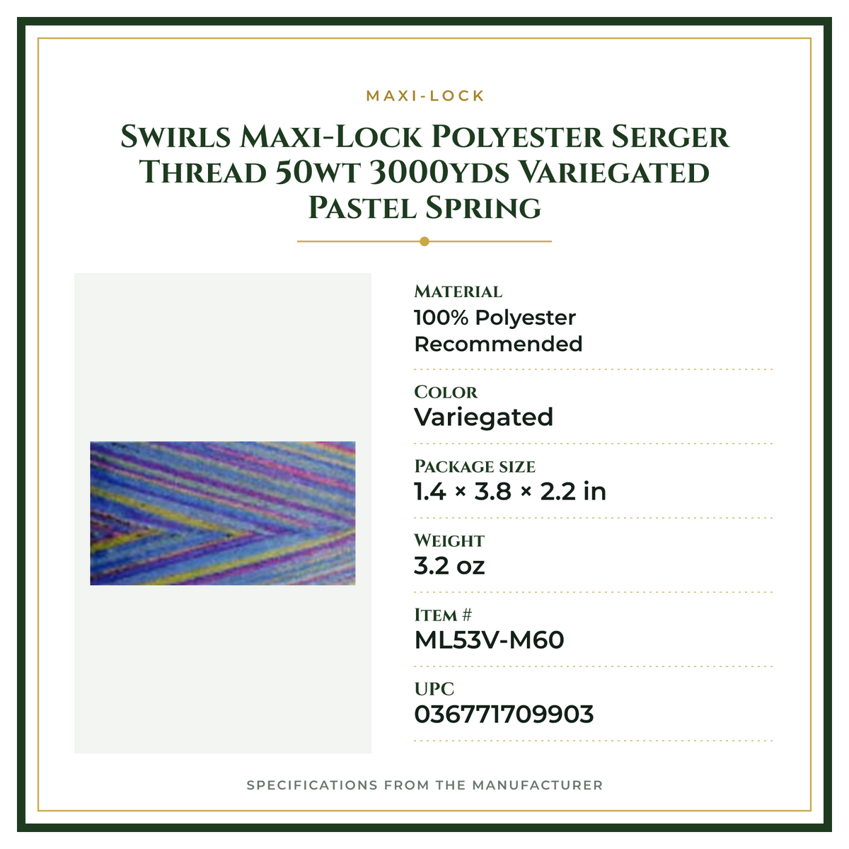 Product Specifications – Swirls Maxi-Lock Polyester Serger Thread 50wt 3000yds Variegated Pastel Spring