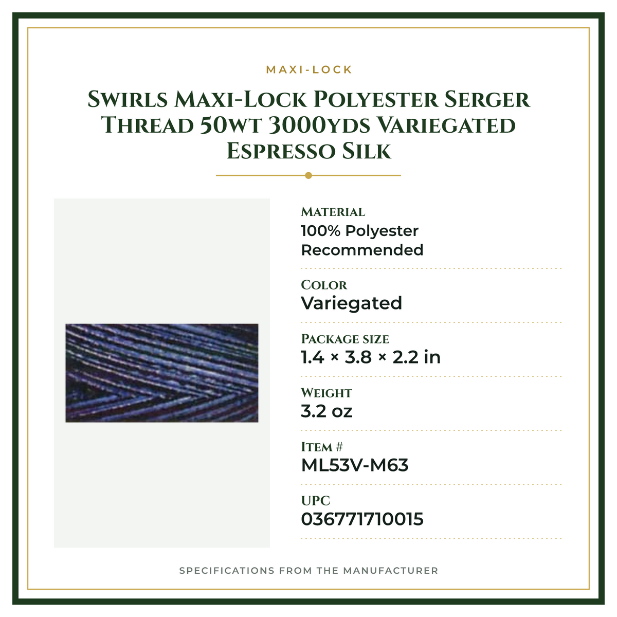 Product Specifications – Swirls Maxi-Lock Polyester Serger Thread 50wt 3000yds Variegated Espresso Silk