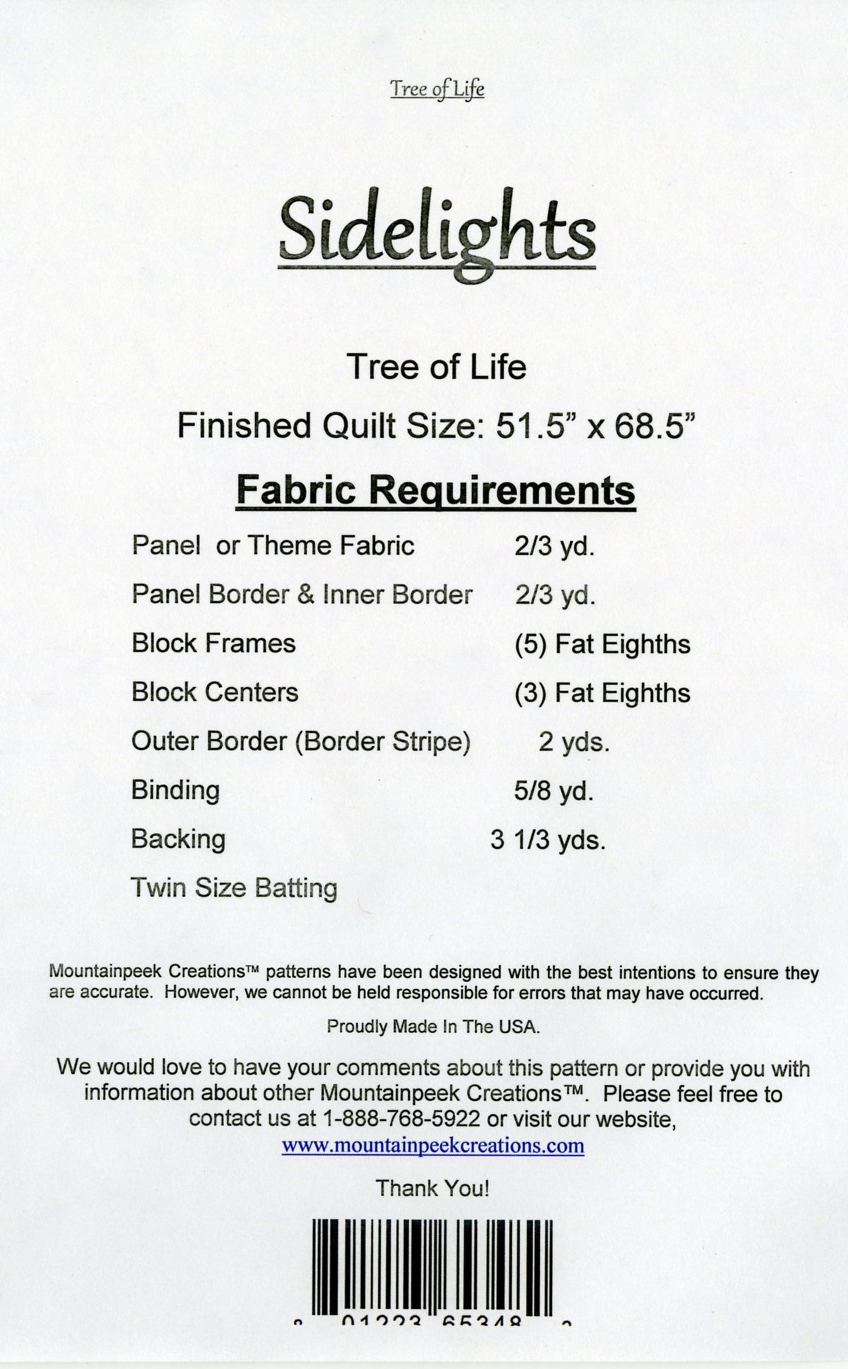 Tree of Life Sidelights Panel Quilt