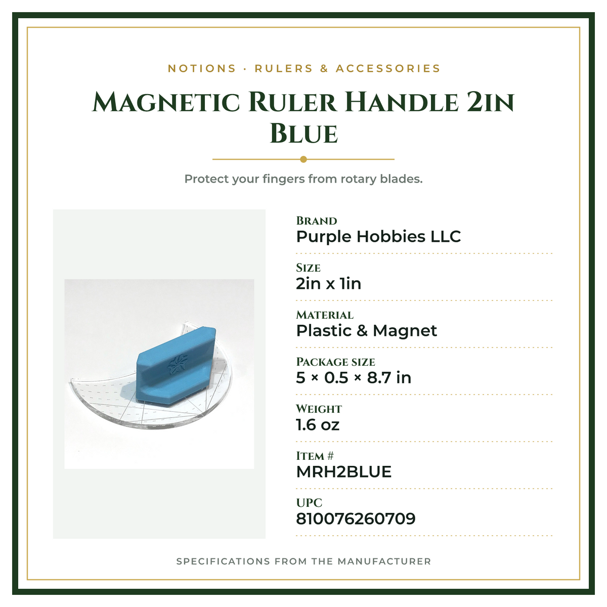 Product Specifications – Magnetic Ruler Handle 2in Blue