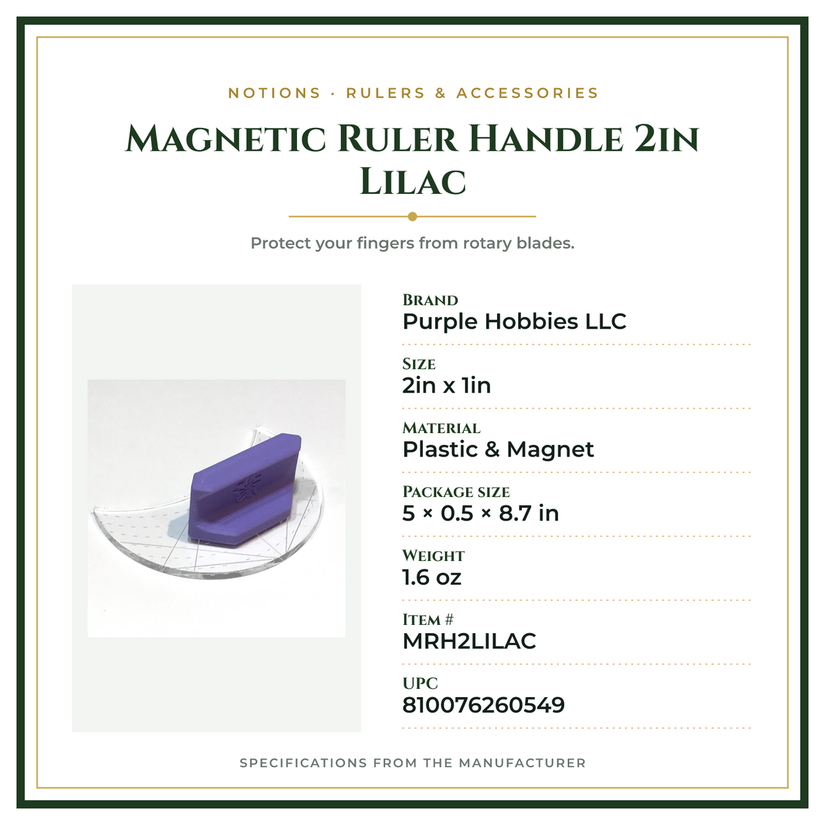 Product Specifications – Magnetic Ruler Handle 2in Lilac