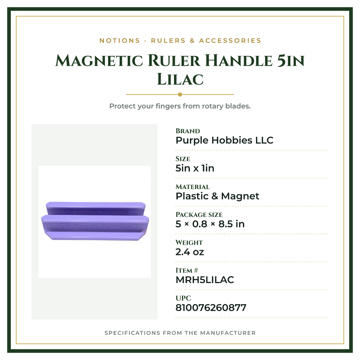 Product Specifications – Magnetic Ruler Handle 5in Lilac