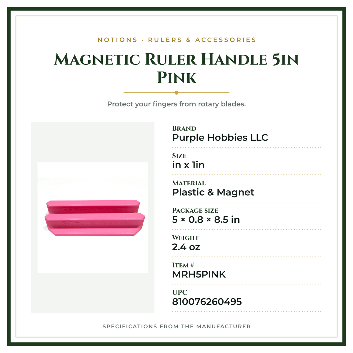 Product Specifications – Magnetic Ruler Handle 5in Pink
